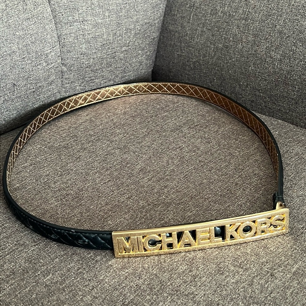 Michael Kors Black Quilted Leather Plaque Belt